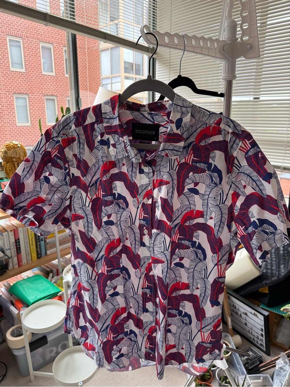 Wildfang White Button-Down Shirt with Red and Navy Leaf Print